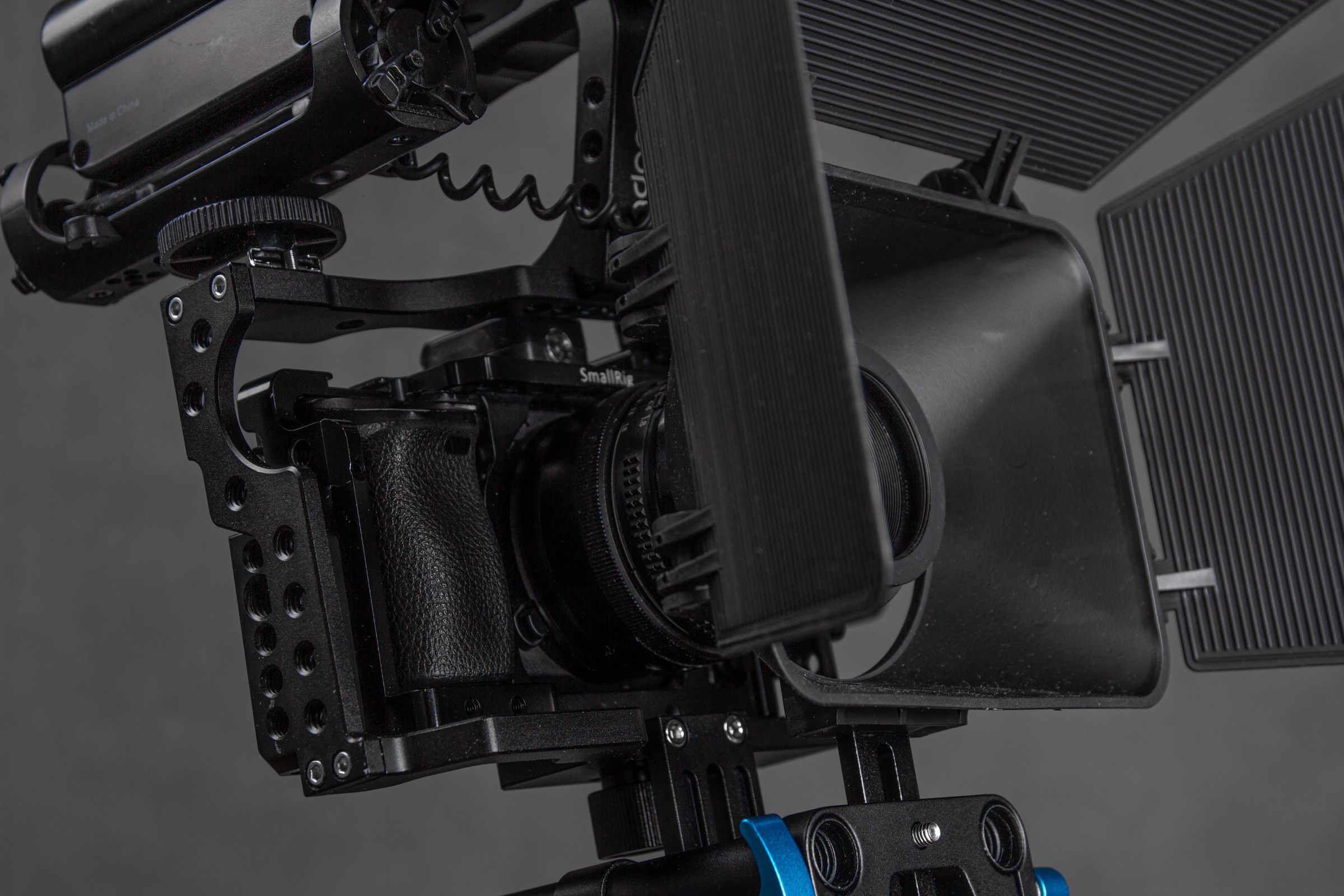 A cinema camera rig with a matte box.